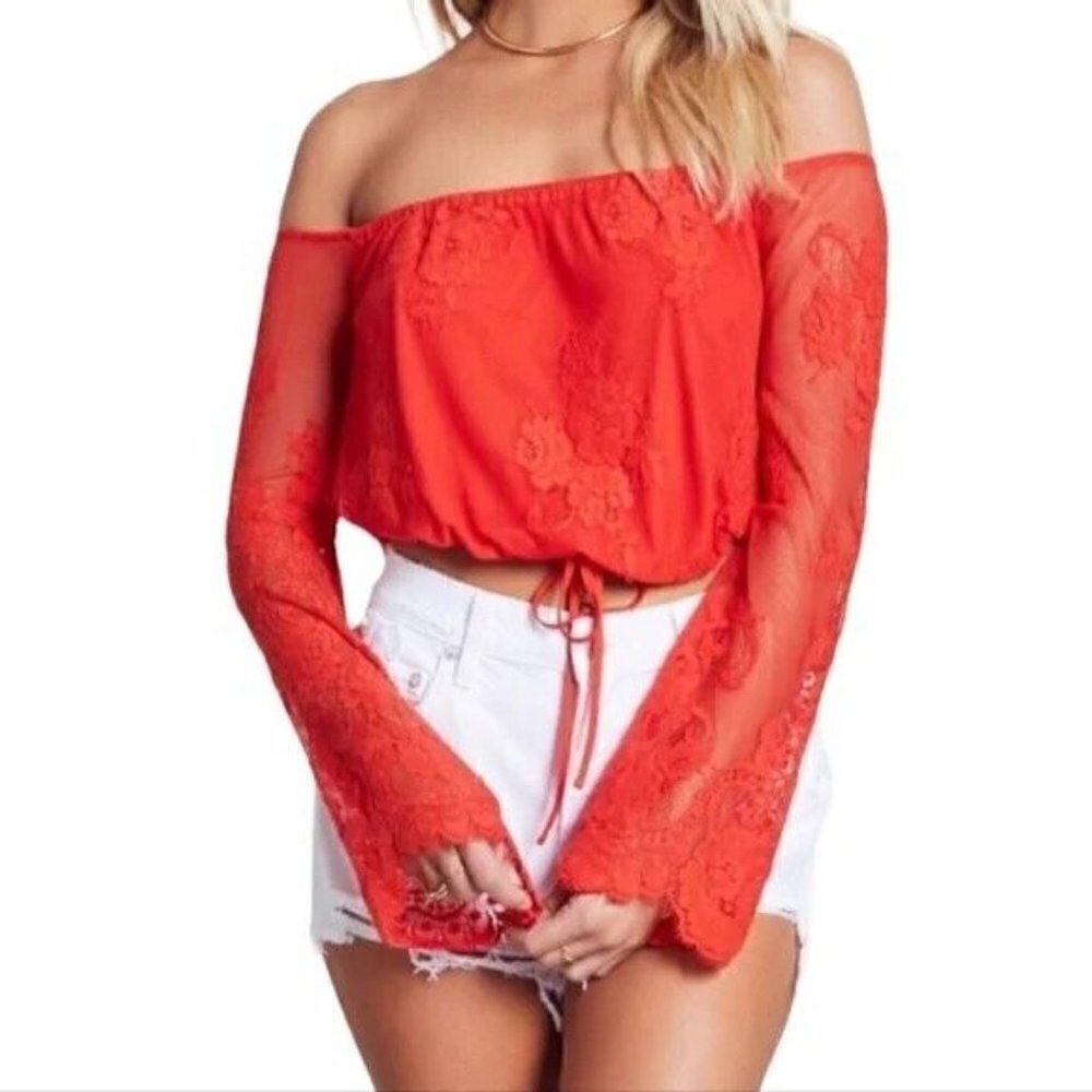 Lovers + Friends red lace off shoulder crop top with bell sleeves size S
